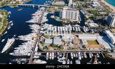 62nd annual Fort Lauderdale International Boat Show. Smaller deck boats, Cuddy cabin boats, Pontoon boats, Surf boat, Jet boats, Alum Fishing Boats. Stock Photo