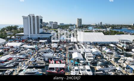 62nd annual Fort Lauderdale International Boat Show. Smaller deck boats, Cuddy cabin boats, Pontoon boats, Surf boat, Jet boats, Alum Fishing Boats. Stock Photo