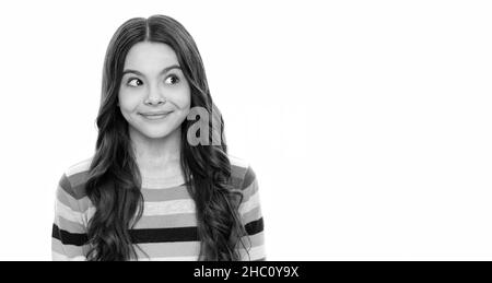 Girl child portrait with cheeky look in striped sweater isolated on white, kid Stock Photo