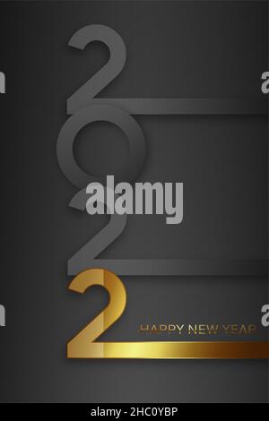 Happy new year 2022 banner. Elegant design of gray and gold numbers on a black background. Vertical template. Design of a new logo 2022. Elements Stock Vector