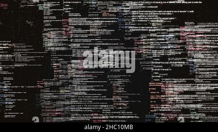 Abstract digital source code of a computer program on virtual display. Statistics recording and data processing over black background, seamless loop. Stock Photo