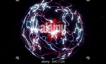 Abstract colorful explosion of neon nucleus isolated on black background. Amazing 3d impulse spreading into the sides surrounded by small particles. Stock Photo