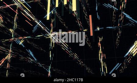 Abstract short wide lines in the orderly movement on black background, seamless loop. Many stripes flowing into different directions. Stock Photo