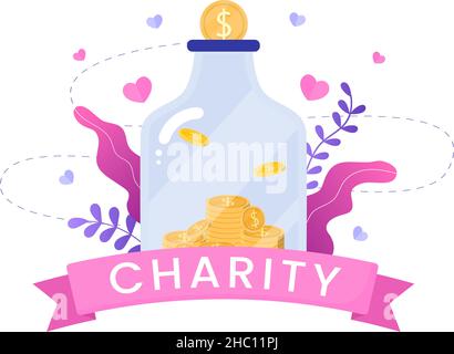 Love Charity or Giving Donation via Volunteer Team Worked Together to Help and Collect Donations for Poster or Banner in Flat Design Illustration Stock Vector
