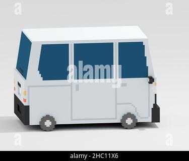 Mini van, a digital art of Asian transportation white small van car isometric voxel raster 3D illustration render on white background. Stock Photo