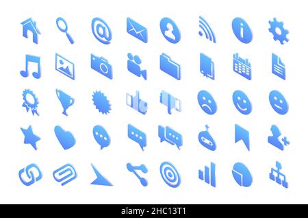Isometric icons house, magnifier, mail envelope and wifi, cogwheel, exclamation mark, music notes and picture with photo or video camera. Document folder, paper file, star isolated 3d vector signs set Stock Vector