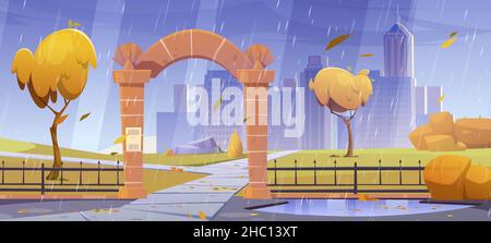 Autumn landscape with stone arch entrance to public park or garden ...