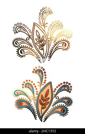 Illustration of a raster element of paisley of different shapes with patterns on a white isolated background. High quality illustration Stock Photo