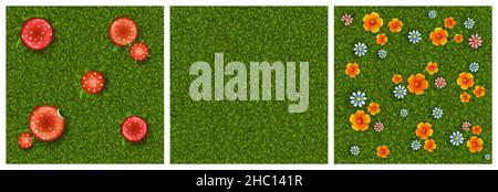 Textures of green grass with flowers and mushrooms for game background. Vector cartoon seamless patterns of top view of lawn with blossoms, summer meadow with fly agaric red caps Stock Vector