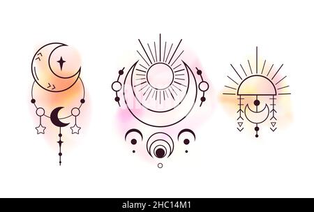 Vector set of esoteric symbol with yellow blurry stains. Contour space sacred decoration with paint drips. Witchcraft ornament with stars. Outline mag Stock Vector