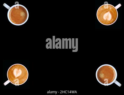 Artistic Frame of Cappuccino with Heart Shaped Latte Art and Frothy Espresso Coffees on Black Backdrop Stock Photo