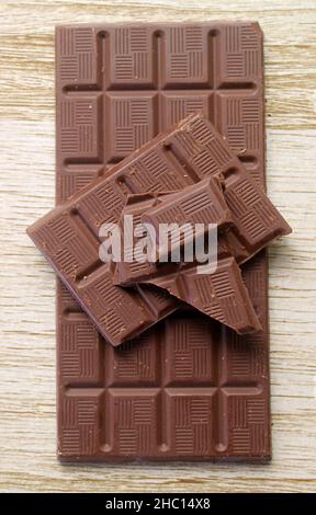 Top view of chocolate bars with chunks isolated on wooden backdrop Stock Photo