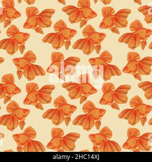Digital illustration of orange detailed aquarium goldfish seamless pattern on yellow background. High quality illustration Stock Photo