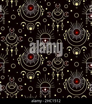 Seamless luxury galaxy esoteric pattern. Yellow geometric contour sacred ornaments. Vector magic texture with stars and dots on dark background. Witch Stock Vector