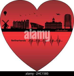 Amsterdam in the heart - illustration,  Vector city skyline silhouette,  Amsterdam Netherlands Stock Vector