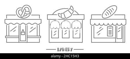 Bakery shop icons. Patisserie front with signboard. Pastry store. Facade of market. Outline vector set. Stock Vector