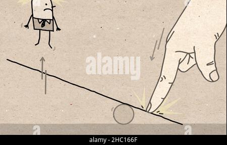 Hand drawn Big Human Finger Pushing on a teeter board, and Bumping off a Cartoon Man Stock Photo