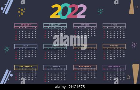Calendar 2022 year set. Vector template collection. Simple design. Week starts on Sunday. January, February, March, April, May, June, July, August, Se Stock Vector