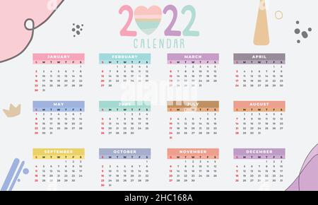 Calendar 2022 year set. Vector template collection. Simple design. Week starts on Sunday. January, February, March, April, May, June, July, August, Se Stock Vector