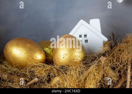 Golden Egg and House, Success Concept Stock Photo