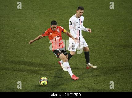 Lorient Ligue 1 Laurent Abergel of Lorient, Lionel Messi of PSG during the French  championship Ligue 1 football match