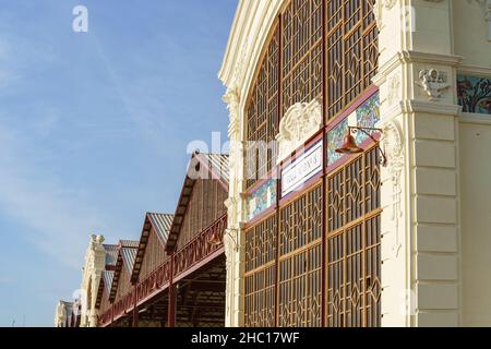 Valencia, Spain. December 20, 2021. Warehouses, Valencian art nouveau  historical buildings in Port of Valencia known as Los Tinglados finished in 191 Stock Photo