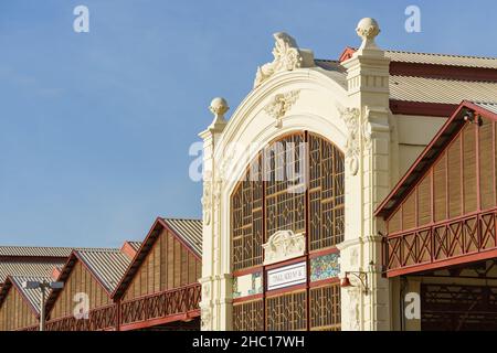 Valencia, Spain. December 20, 2021. Warehouses, Valencian art nouveau  historical buildings in Port of Valencia known as Los Tinglados finished in 191 Stock Photo