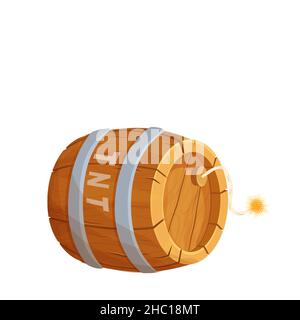 TNT wooden barrel with detonator in comic cartoon style isolated on white background. Explosive weapon, bomb. Ui game asset. . Vector illustration Stock Vector