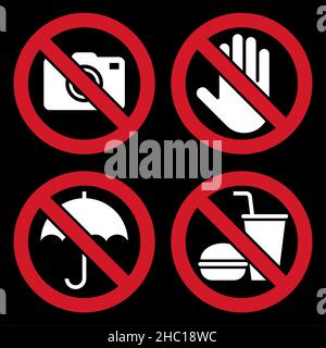 No camera, Do not touch, Umbrella not allowed, No food and drink sign. Prohibited signs on black background Stock Photo