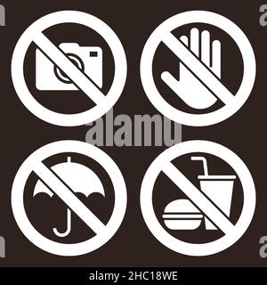 No camera, Do not touch, Umbrella not allowed, No food and drink sign. Prohibited signs on dark background Stock Photo