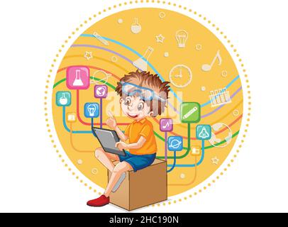 Young boy using tablet with education icons illustration Stock Vector