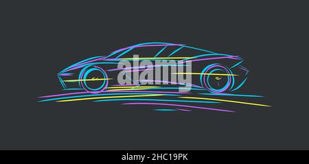 Car silhouette in lines illustration. Bright neon strokes on dark background Stock Vector