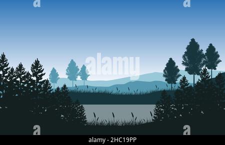 Clear morning sky with realistic mountains view from the lakeside. Vector illustration Stock Vector