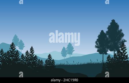 Misty morning with fantastic mountains views from the edge of town. Vector illustration Stock Vector