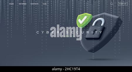 Website landing banner with cyber security 3d illustration of a shield with padlock and matrix texture Stock Vector