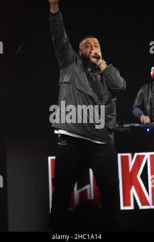 DJ Khaled performing on stage while he opens for Demi Lovato during the 2018 “Tell Me You Love Me” tour at Target Center in Minneapolis, Minnesota. Stock Photo