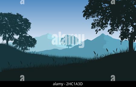 Amazing mountain view in the morning from the village with the silhouette of the big trees around. Vector illustration Stock Vector