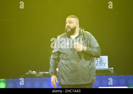 DJ Khaled performing on stage while he opens for Demi Lovato during the 2018 “Tell Me You Love Me” tour at Target Center in Minneapolis, Minnesota. Stock Photo