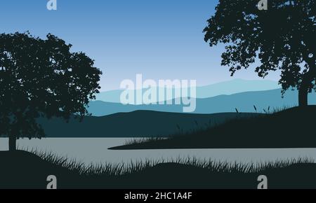 Incredible the mountains view in the morning from the riverbank. Vector illustration Stock Vector