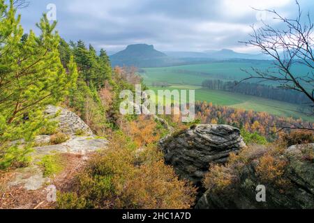 mountain Lilienstein view from mountain Rauenstein in Elbe Sandstone Mountains, Germany Stock Photo