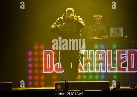 DJ Khaled performing on stage while he opens for Demi Lovato during the 2018 “Tell Me You Love Me” tour at Target Center in Minneapolis, Minnesota. Stock Photo