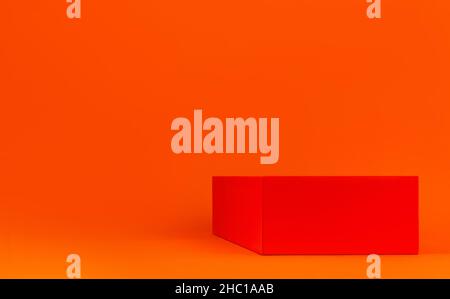 Minimal modern product display geometrical podium demonstrating on orange background monochrome. Empty pedestal shelf display tangerine color minimal Stock Photo