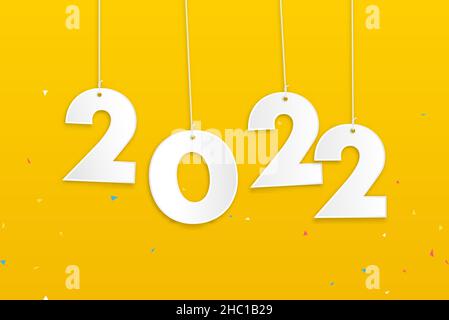 Numbers 2022 hanging on the ropes on colorful yellow background with confetti for new year concept Stock Vector