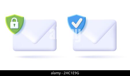 3d icon of envelope with security protection tag as shiels with padlock and approve tick sign Stock Vector
