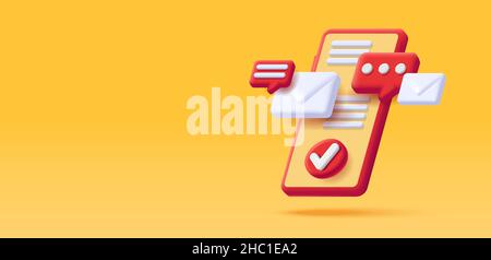 3d render isometric illustration of a red smartphone with push messages and email envelope Stock Vector