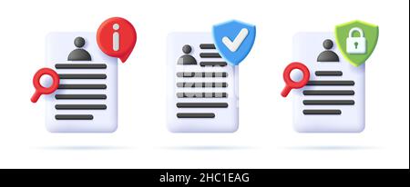 Set of Document Security 3d Icon, user profile page with shield and padlock and info icon Stock Vector