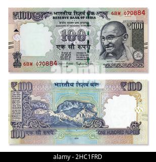 Indian 100 rupee paper currency old note front and back side design isolated on white background Stock Photo