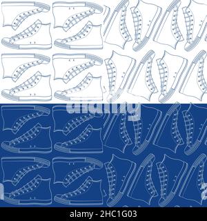 Set of seamless patterns with sneakers, gumshoes. Vector backgrounds. Stock Vector