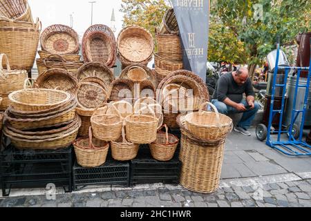 New handmade baskets are sold on the square in the center of Istanbul, Turkey. Stock Photo