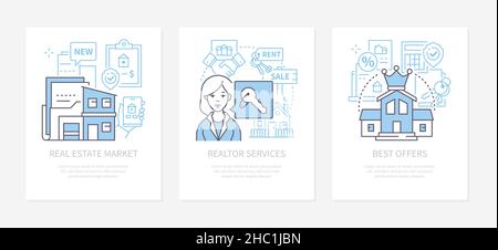 Real estate market - modern line design style banners set on white background with copy space for text. Realtor services, buying a new house, best off Stock Vector
